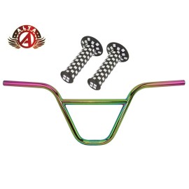 ALTA BMX CHROMOLY Z-Bar Handlebar OIL SLICK W/ 124mm CHECKERED BMX GRIPS. - Handlebar W/ Black/White Grips