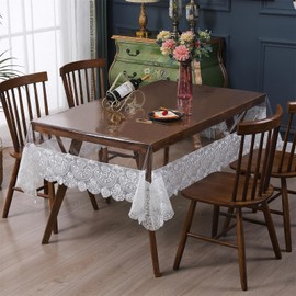 Clear Plastic Rectangle Tablecloth Vinyl Waterproof Table Cloth Embroidered Lace Edge Transparent Table Cover for Dining Kitchen Outdoor Table(60 x 118 inch, White)