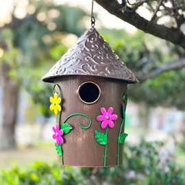Yhthoha 9.25" H Metal Hanging Decorative Birdhouse for Hummingbird with Paint - Bird Houses for Outside, Birdhouses for Outdoors, Bluebird Houses for Outside for Yard, Garden, Backyard. (Gold)