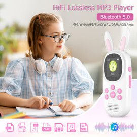 32GB MP3 Music Player for Kids, Cute Bunny Kids Music MP3 Player with Bluetooth, MP3 & MP4 Players with Speaker, MP3 Player with FM Radio, Recordings, Alarm, Pedometer, Stopwatch, Support up to 128GB