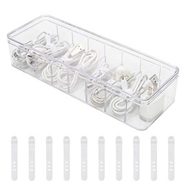 WIWAPLEX Cable Organizer Storage Box Plastic Cable Cord Management Box Power Cord Organizer Case with 10Pcs Rubber Ties for Office, Home, Desk Accessories Storage Stationery Supplies (Separable Lid)