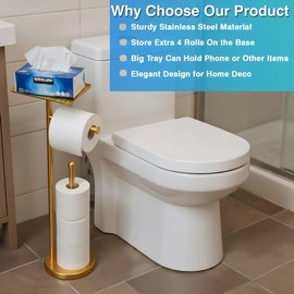 Gold Toilet Paper Holder with Shelf, Freestanding Tissue Holder Stand with Storage Space for Extra 4 Toilet Paper Rolls (Stainless Steel Base, Gold)