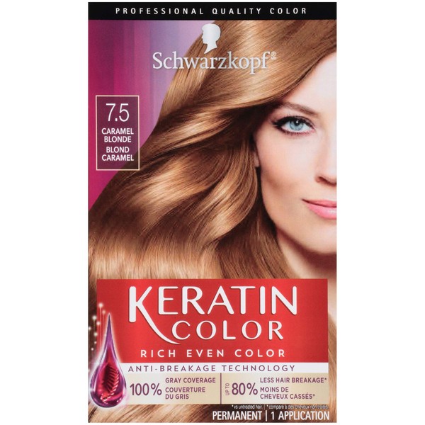 Schwarzkopf Keratin Color Permanent Hair Color, 7.5 Caramel Blonde, 1 Application - Salon Inspired Permanent Hair Dye, for up to 80% Less Breakage vs Untreated Hair and up to 100% Gray Coverage