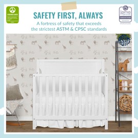 Dream On Me Bellport 4 in 1 Convertible Mini/Portable Crib In White, Non-Toxic Finish, Made of Sustainable New Zealand Pinewood, With 3 Mattress Height Settings