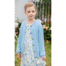 SMILING PINKER Little Girls Boys Aran Cardigan Toddler Cable Knitted Crew Neck Button Up Chunky Sweater Jacket(Light Blue,5-6Years)