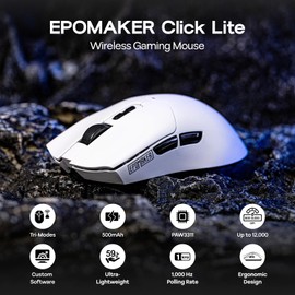 EPOMAKER Click Lite Wireless Gaming Mouse, 800 to 12,000 DPI Adjustable, PAW3311 Sensor, 500mAh, 59g, 2.4G/BT/USB-C Rechargeable Wireless Mouse with 5 Programmable Buttons for PC/Mac/Linux (White)