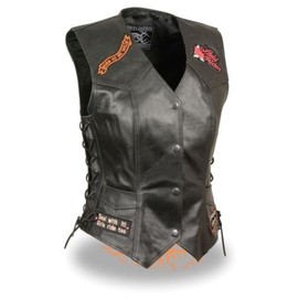 WOMEN'S MOTORCYCLE RIDERS BLACK LEATHER PRE-PATCHED VEST W/SIDE LACES BLACK NEW (4XL)