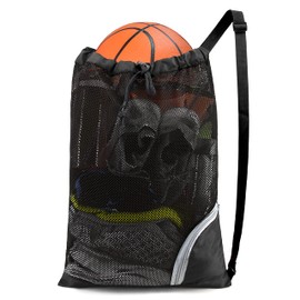 BeeGreen Black Swim Bag Mesh Beach Drawstring Bag Large Pool Bag W 17.7" x L 25.5" Net Bag Gear Gym Snorkel Beach Sport Equipment Lightweight Foldable Washable