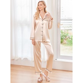 Ekouaer Women Satin Pajamas Set Classic Button Down Long Silk Pjs Set,Large,Champagne