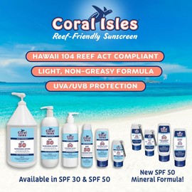 Coral Isles Sunscreen SPF 50 | Hawaii Compliant as Reef Safe | Oxybenzone & Octinoxate Free | Broad Spectrum UVA/UVB Protection | Non-Greasy | Fragrance Free | 2 Fl Oz (2-Pack)