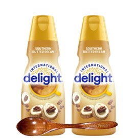 Candy Freezer International-Delight Liquid Coffee Creamer.- Two (2) 32 fl oz Bottles of Creamy Smooth Delightful Coffee Creamer Plus 1 Candy Freezer Wooden Spoon (Southern Butter Pecan) - Spoon