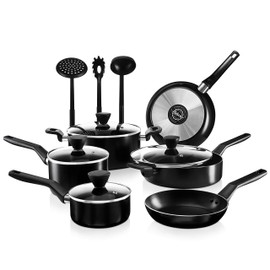 NutriChef 13-Piece Nonstick Cookware PTFE/PFOA/PFOS Free Heat Resistant Kitchen Ware Set w/Saucepan, Frying Pans, Cooking Pots, Casserole, Lids, Ladle, Fork, Strainer NCCWA13, Black