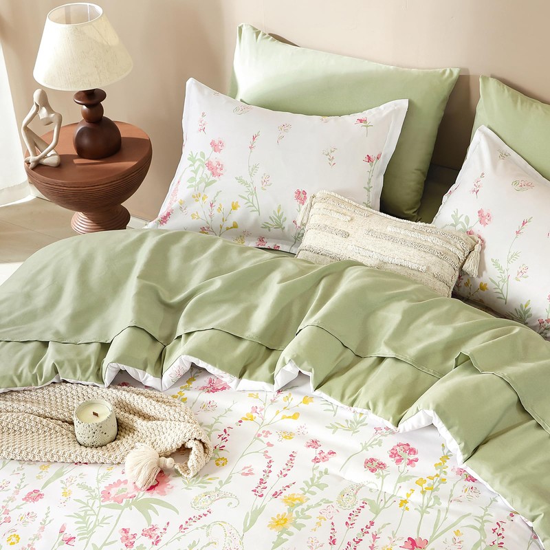 Yiran 7 Piece Pink Green Floral Comforter Set King Size,