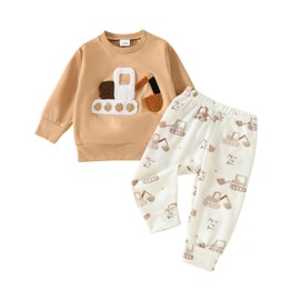 FIOMVA Toddler Baby Boy Fall Winter Clothes Outfit Farm Long Sleeve Sweatshirt Top+Long Pant Set 3 6 9 12 18 24Month 2t 3t, Tractor Khaki, 12-18 Months