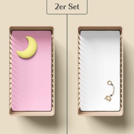 Dudu N Girlie Crib Fitted Sheets 40x90cm - Crib Sheets 100% Cotton Jersey -Hypoallergenic Pram Sheets Breathable Easy Care - Cradle Fitted Sheets (Pack of 2, White & Pink)