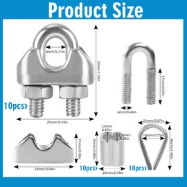 10 Stück M6 Drahtseilklemme, Edelstahl Seilklemmen 6mm, Bügelseilklemme, Drahtseil Clip mit 10*Aluminiumhülsen und 10*Kauschen für Befestigungvon Seilen, Aufhängung Von Sonnensegeln, Wäscheleinen