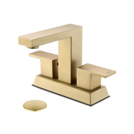 Tohlar Brushed Gold 2 Handle 4 Inch Centerset Bathroom Faucet with Pop Up Drain and 2 Lead-Free Hoses
