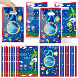 GaofanWai 50PCS Video Game Party Favor Bags for Kids, Hedgehog Blue with Gold Ring Print Candy Treat Plastic Bags Bulk with Handles, Video Game Goodies Bags for Birthday Party Favor Snack Supplies