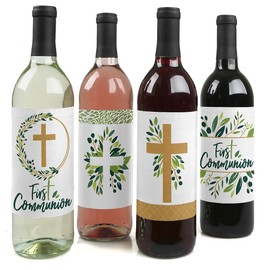 First Communion Elegant Cross - Religious Party Decorations for Women and Men - Wine Bottle Label Stickers - Set of 4