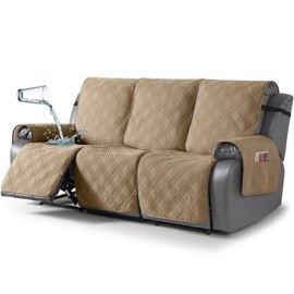TAOCOCO 100% Waterproof Recliner Sofa Cover, Non Slip Split Couch Covers for Reclining Couches with Elastic Straps, Washable Reclining Sofa Cover Furniture Protector for Kids Pets(3 Seater, Camel)
