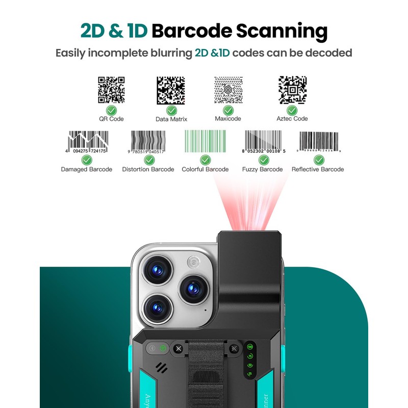 Anyeast Bluetooth Barcode Scanner 2D QR 1D Wireless Back Clip