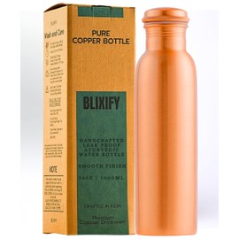 BLIXIFY Copper Water Bottle (34oz/1000ml) Handcrafted Ayurvedic 100% Pure Copper Water Bottle for Drinking | Heavy Duty, Leak-proof & Lab-Tested | Perfect for Everyday Use, Gifting, Travel (Plain)