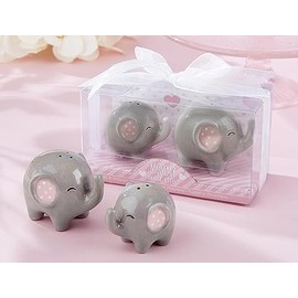 Bienvenue Baby Little Peanut Ceramic Elephant Salt and Pepper Shakers, Thank You Baby Shower Party Favor, Gray and Pink