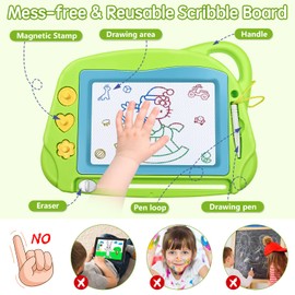 Travel Size Magnetic Drawing Doodle Board for Toddlers, Colorful Writing Tablet-Mini Erasable Etch Sketching Pad with 3 Stamps and 1 Pen Educational Toys for Kids 1 2 3 4 - Green