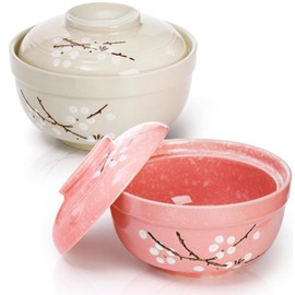 Goaste 2 Pack Ceramic Ramen Noodle Bowl, 27 OZ Big Ramen Bowl with Lid, Japanese Hand-Painted Ceramic Tableware, Durable Floral Soup Bowl for Noodles, Porridge, Rice, Dishwasher Safe(Pink, Cyan Blue)