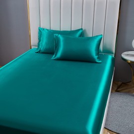 Damier Fitted Sheet 160 x 200 cm Turquoise Satin Silk Shiny Flat Sheet High Quality Deluxe Plain Fitted Sheet Suitable for Mattresses up to 25 cm, 160 x 200 x 30 cm