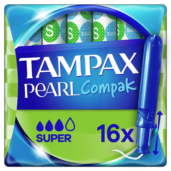 Tampax Compak Pearl Tampons, Super With Applicator, 64 Tampons (16 x 4 Packs), Leak Protection And Discretion