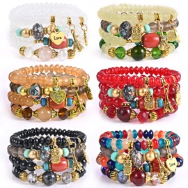 Juego de pulseras bohemias para mujer, 6 juegos de pulseras elásticas apilables, multicolor para mujer, pulseras hippie, joyería delicada, regalo para mejor amiga, 16.3*1.3 centimeter, Plástico