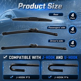 BBTO 4 Set 26"+16" Windshield Wipers with 12" Rear Wiper Silicone Wiper Blades Blade All-Season RV Windshield Wipers Replacement for Cars Front Rear Windshields Universal Quality U/J Hook