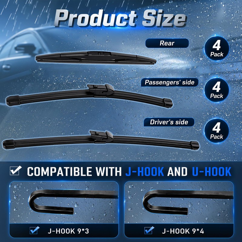 BBTO 4 Set 26"+16" Windshield Wipers with 12" Rear Wiper