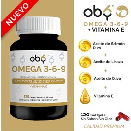 OBY Omega 3 + Vitamina E, Omega 6 y Omega 9. 120 Cápsulas Softgel. Aceites Puros de Salmón, Linaza y Olivo con DHA y EPA. Sin Metales Pesados. Suplemento Alimenticio Sin Sabor ni Olor