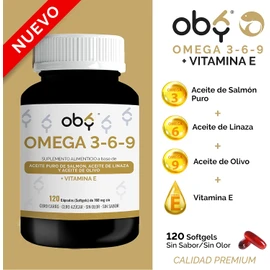 OBY Omega 3 + Vitamina E, Omega 6 y Omega 9. 120 Cápsulas Softgel. Aceites Puros de Salmón, Linaza y Olivo con DHA y EPA. Sin Metales Pesados. Suplemento Alimenticio Sin Sabor ni Olor