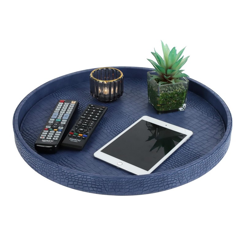 HofferRuffer Round Serving Tray 20'', Elegant Faux Leather Circle Ottoman