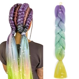 Ombre Jumbo Braiding Hair Colorful Tinsel Hair Extension 24 Inch 1PC Synthetic Braids Rainbow Hair,Glitter Fake Hair 4 Tone,Purple to Lake Blue to Green to Yellow Glitter