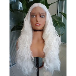 RONGDUOYI RONGDUOYI RDY 24" White Lace Front Synthetic Wig Loose Water Wave Heat Fiber Hair Natural Looking Long Wavy Lace Front Wigs for Women Half Hand Tied Wig Cosplay Daily Use Hair