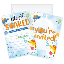 WUAWN Let's Get Soaked 20-Pack Water Gun Birthday Invitations (4x6 Inch) Fill-in Birthday Invitations with Envelopes- Summer Party Cards, Summer Pool Party Supplies-A037
