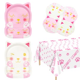 61 Pieces Cat Birthday Party Decorations - Including Pink White Cat Plates, Pet Napkins, and MEOW Tablecloth for Pet Cat Themed Birthday Party Supplies, Serve 20 Guests