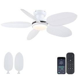 Tropical Palm Leaf Ceiling Fans with Lights, Ceiling Fan with Light and Remote 3CCT Dimmable Light, 5 Blades, Reversible 6 Speeds Flush Mount Ceiling Fan Coastal Indoor 45 inch White