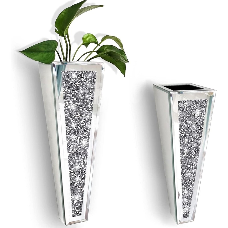 Crystal Wall Vase Hanging Flower-vase - Silver Crushed Diamond Mirrored