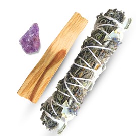 Set de Sahumerio Atado + Cuarzo + Palo Santo | Atado de Hierbas para sahumar, rituales, Limpieza energetica, Incienso (Lavanda y Salvia Blanca)