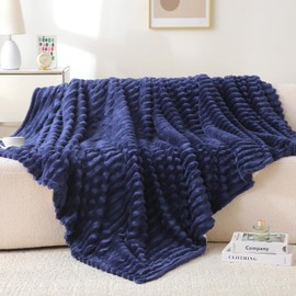 DKRUW Plush Fleece Throw Blanket Navy 3D Ribbed Soft Fuzzy Blanket for Couch Sofa Bed Home Decor Gifts for Women Mom All-Season Comfort (Navy, Throw(50"x60"))