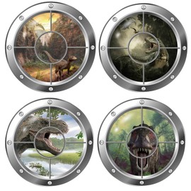 Bustlwor Pack of 4 3D Wall Stickers Underwater World Wall Stickers Bathroom Pictures Wall Sticker 3D Porthole for Children's Room Bedroom Living Room Bathroom Wall Decoration (Dinosaur Pattern)
