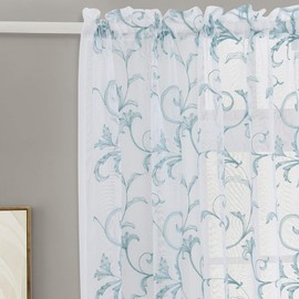 Cortinas transparentes con bordado floral azul de 45 pulgadas de largo, cortinas de gasa clásico con bolsillo para barra para sala de estar, recámara, tratamientos de ventana, paneles de cortina semirarrugados para villa, salón, juego de 2, 52 x 45 pulga