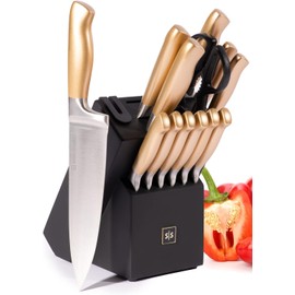 Black and Gold Knife Set for Kitchen with Block – 14-Piece Ultra-Sharp Stainless Steel Knives with Gold Handles and Built-In Sharpener – Stylish Kitchen Accessories for Cooking and Decor