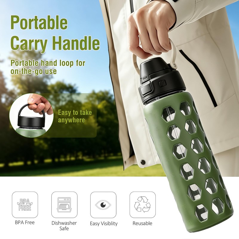 MUKOKO 32 oz Glass Water Bottle, Olive, 1 Pack