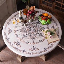 Artbloss Round Fitted Tablecloth with Elastic Black White Boho Waterproof Table Cover Wipeable Moroccan Table Protector for Fall Patio Outdoor Picnic Kitchen Holiday (Black, 46"-56" Round Tight Fit)